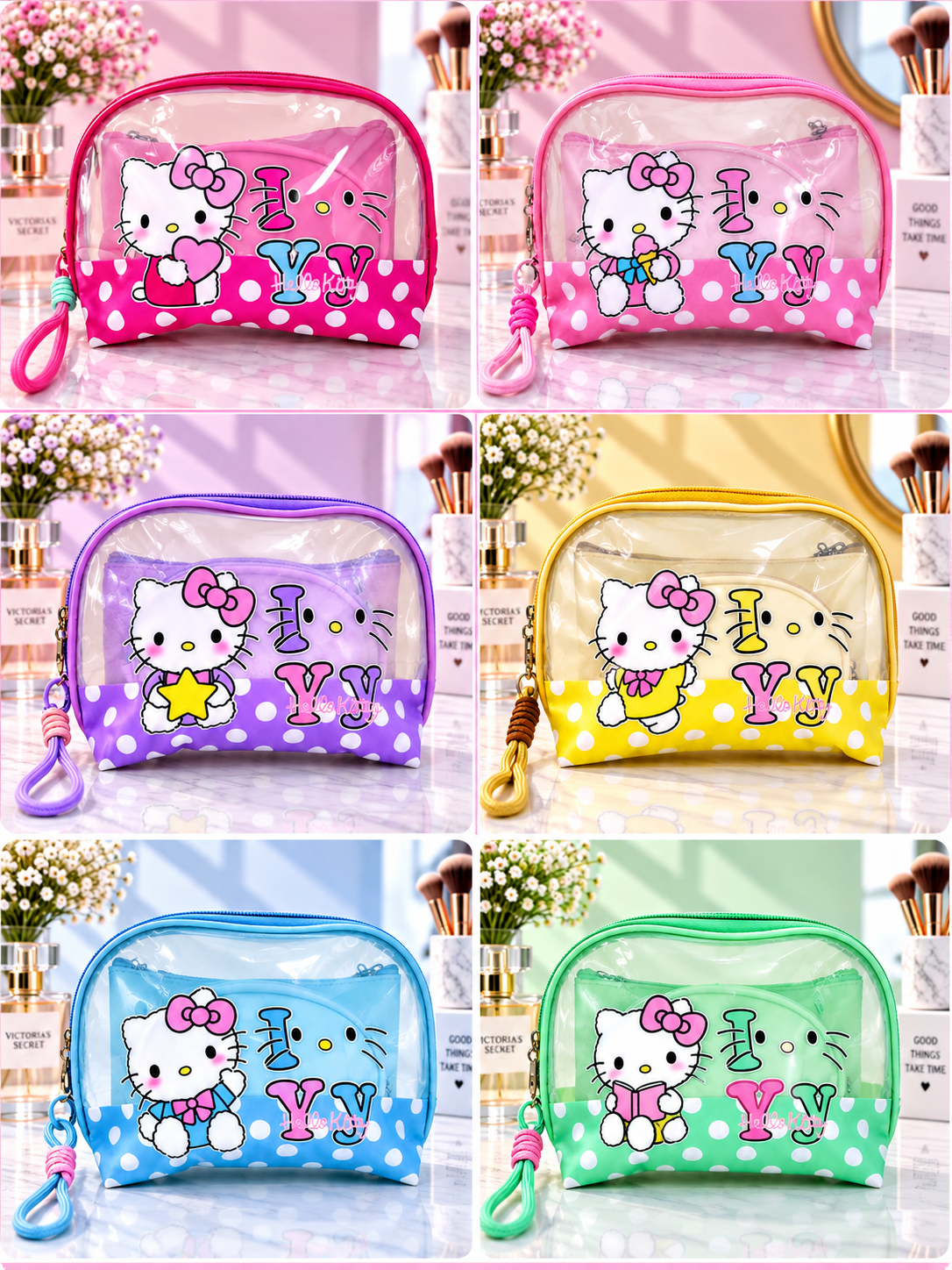 Hot pink polka dot 3-in-1 Hello Kitty cosmetic organizer with clear zip pouch and wrist strap